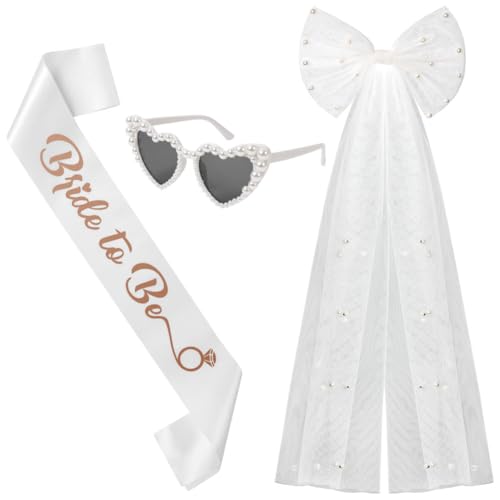 Ainiv 3 Stück JGA Accessoires Frauen, Schleier JGA Weiße, Bride to Be Schärpe, Herz Sonnenbrille Perle, JGA Deko Frauen für Junggesellenabschied Brautparty und Hochzeitsfotografie von Ainiv