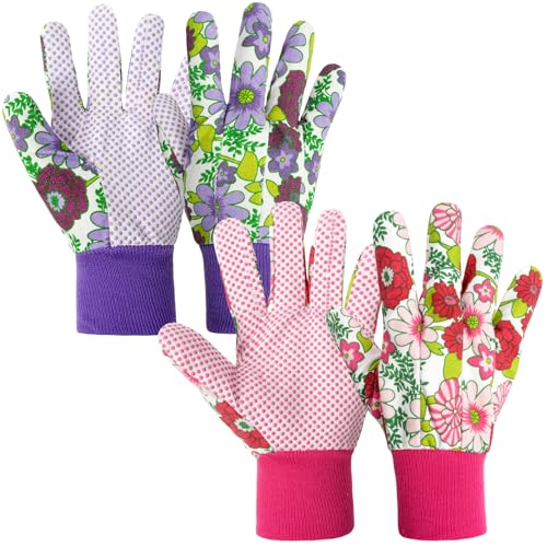 Ainiv Handschuhe für Garten, 2er Set Gartenhandschuhe, Antirutschbeschichtung Arbeitshandschuhe, Einheitsgröße Schutzhandschuhe mit PVC-Punkten und Reißfester Canvas-Stulpe Zum Pflanz Gartenarbeit von Ainiv