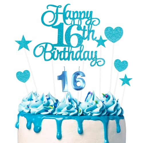 Ainiv Geburtstagskerzen Zahlen 16, Tortendeko zum 16. Geburtstag, 16. Geburtstag Kuchendeko für Jungen Mädchen, Blau Stern-Herz-Tortenaufsatz für Party, Cupcakes, Desserts und Gebäck Ainiv Geburtstagskerzen Zahlen 16, Tortendeko zum 16. Geburtstag, 16. Geburtstag Kuchendeko für Jungen Mädchen, Blau Stern-Herz-Tortenaufsatz für Party, Cupcakes, Desserts und Gebäck von Ainiv