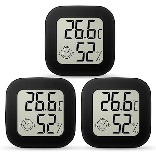 Ainiv Mini LCD Thermometer, 3 Stück Digital Thermometer Innen, Hygrometer Innen, Thermometer Hygrometer, Kabelloses, Luftfeuchtigkeit Meter für Babyzimmer Wohnzimmer Büro Gewächshaus(Schwarz) von Ainiv
