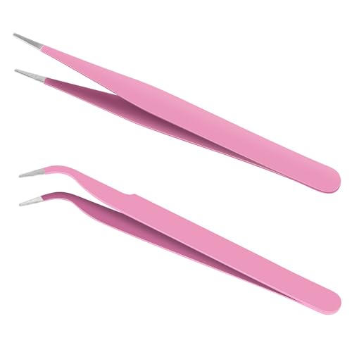 Ainiv Präzisionspinzette, 2 Stück Wimpernverlängerung, Präzisions Antistatisch Edelstahl Pinzette, Pinzette mit Spitzen, Geraden und Gebogenen Spitzen, Pinzette zur Verlängerung Falscher Wimpern-Rosa von Ainiv