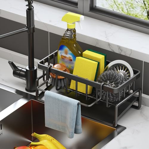 Ainiv Spülbecken Organizer, Küchen Organizer Schwammhalter mit Selbstentleerender Ablaufwanne und Spüllappenhalter für Küche und Badezimmer, Organizer für Bürsten Schwamm Seife von Ainiv