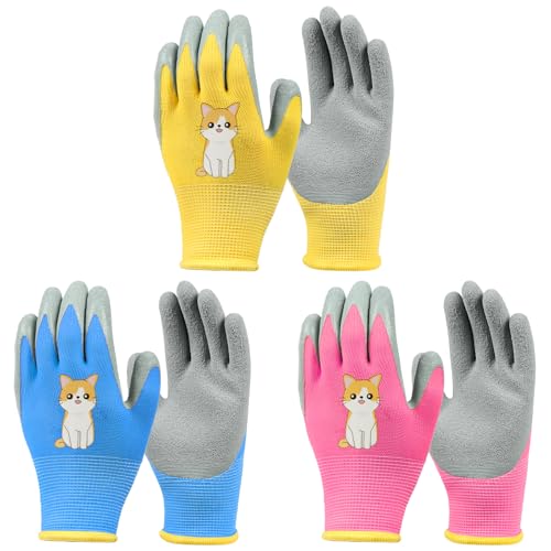 Ainiv 3 Paar Kinder Arbeitshandschuhe, Gartenhandschuhe Kinder, Rutschfeste Latex Schutzhandschuhe mit Handflächenbeschichtung (L18 cm, B7,5 cm, Mittelfinger L7 cm) von Ainiv