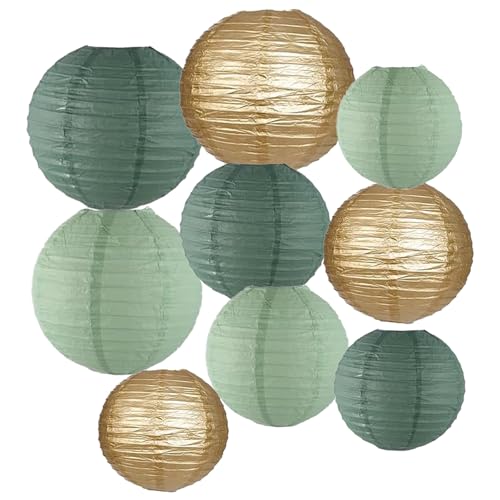 9 Stück Salbei Grün und Gold Papier Lampions,Grün und Gold Papier Laterne Runde Papierlaterne hochzeitsdeko,draußen,Festival deko, Brautdusche Babyparty Geburtstag Partydekor von Ainmto