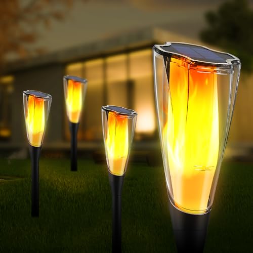 Ainostone Solarfackeln für Außen Flackernd 4 Stück Solarlampen 800mAh Solarleuchten mit Realistischem Flammeneffekt 15H Arbeitszeit Gartenfackeln IP65 Winterfest für Garten Terrasse Neujahr Deko von Ainostone