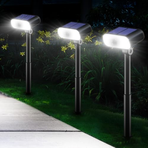 Ainostone Solarlampen mit Bewegungsmelder 3 Stück Solarleuchten 3 Modi Solarstrahler 1200mAh Super Hell Kaltweiß IP65 Wasserdicht Auto Ein/Aus Solar Gartenlampen für Außen Garten Einfahrt Weg Balkon von Ainostone