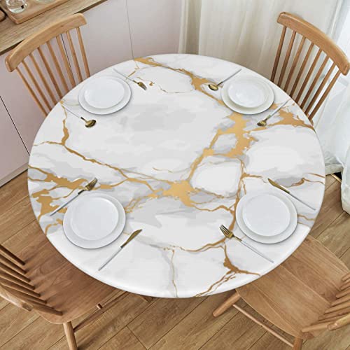 Weiße Marmor-Tischdecke mit elastischem Rand, runde Tischdecke, wasserdichte Tischdecke für drinnen und draußen, passend für 101,6 - 112,7 cm Tisch, klein von Aiojool