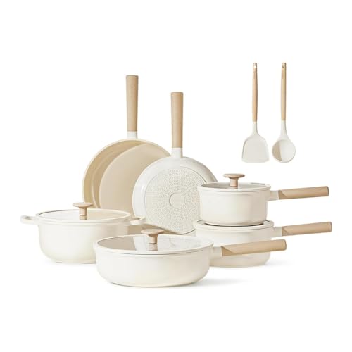 Aioneer 12-Teiliges Topf- Und Pfannenset, Antihaftbeschichtetes Kochgeschirr-Set, Gesundes Granit-Kochset Für Die Induktionsküche Mit Bratpfannen Und Stielkasserolle, Creme, 12-T von Aioneer