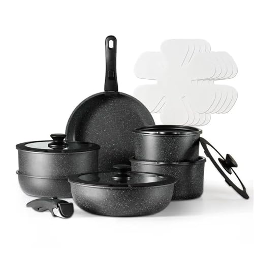Aioneer 18-Teiliges Schwarzes Topf- Und Pfannenset Mit Abnehmbarem Griff, Für Induktionsherde, Ofenfeste Sets, Antihaftbeschichtet, Abnehmbares Kochgeschirrset, Weiß, 18-Teiliges-Black 18-Piece Set-A von Aioneer