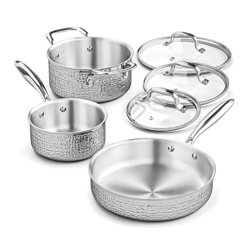 Aioneer Gehämmertes Topf- Und Pfannenset Aus Edelstahl Mit Glasdeckel, 6-Teiliges Kochgeschirrset, Induktionskochtopf- Und Pfannenset, Gehämmert, 6-Teilig, Eins-Hammered 6pcs-One von Aioneer
