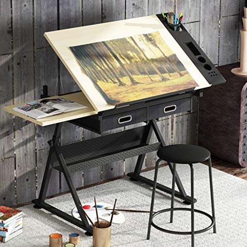 Aioneer Höhenverstellbarer Zeichentisch, neigbarer Basteltisch mit Stauraum, Kunstschreibtisch mit Ahornplatte, für den Zeichentisch im Home Office von Aioneer