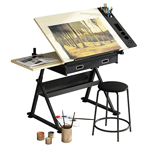 Aioneer Professioneller Zeichentisch, Zeichentisch aus Holz, höhenverstellbar, Zeichentisch, neigbare Tischplatte zum Lesen, Schreiben, Kunsthandwerk, mit Hocker und Zeichnen von Aioneer