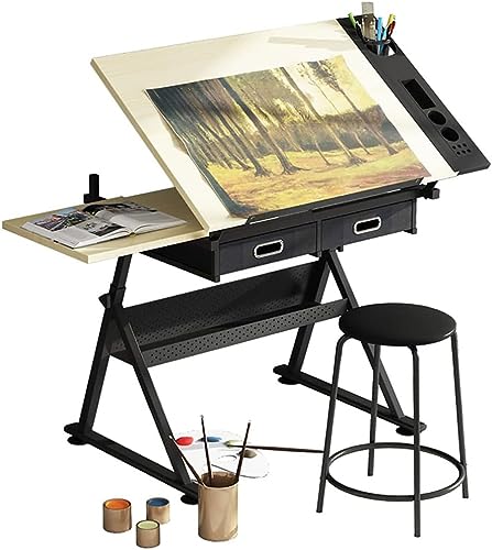 Aioneer Verstellbarer Zeichentisch mit Hocker, Zeichentisch mit 2 Schubladen, Basteltisch mit Metallrahmen, neigbarer Schreibtisch für Kunsthandwerk von Aioneer