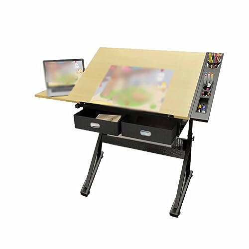 Aioneer Zeichentisch, Künstlertisch, Computertisch für Zuhause und Büro, Verstellbarer Zeichentisch mit neigbarer Tischplatte/2 Schubladen/Hocker von Aioneer