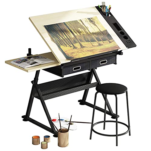 Aioneer Zeichentisch Zeichentisch aus Holz, höhenverstellbar, neigbare Tischplatte 0°-80°, Arbeitsplatz für Kunsthandwerk, mit 2 Schubladen von Aioneer