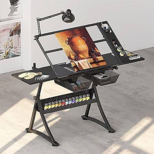 Aioneer Zeichentisch für Künstler, Verstellbarer Schreibtisch aus Glas mit Hocker, Zeichentisch für Erwachsene/Künstler, 2 Schubladen von Aioneer