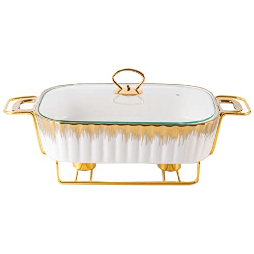 Chafing Dish aus Keramik in voller Größe – rechteckige Buffetwärmer mit Glasdeckel. Perfektes Warmhaltetablett für Hochzeiten, Partys und Bankette (weiß 2,3 l) von Aioneer