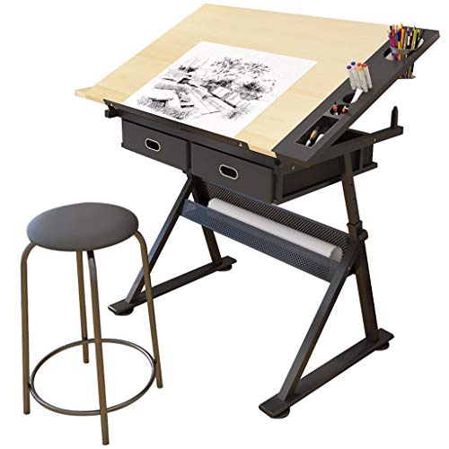Zeichentisch mit Stauraum, höhenverstellbarer, neigbarer Kunstschreibtisch, Zeichentisch aus Ahornholz, für Arbeits- und Studienarbeiten, Mal- und Basteltisch von Aioneer