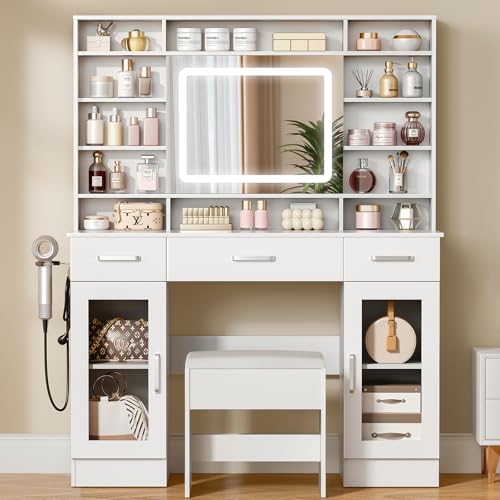 Aiorber Große Schminktisch mit Beleuchtung und Hocker: LED Einstellbare Helligkeit 3 Farben - Schminktisch mit Spiegel - Moderner Kosmetiktisch mit 3 Schubladen 12 Offenen Ablagen, Weiß von Aiorber