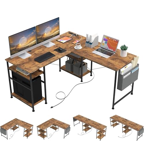 Aiorber L-förmiger Schreibtisch,140 x140 x74cm,Eckschreibtisch Groß mit USB-Ladeanschluss&Steckdose, Reversibel Gaming Tisch mit 4 Einlegeböden und Seitentaschen,Computertisch L Form für Homeoffice von Aiorber