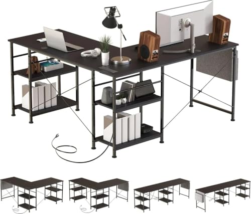 Aiorber L-förmiger Schreibtisch,140 x140 x74cm,Eckschreibtisch Groß mit USB-Ladeanschluss&Steckdose, Reversibel Gaming Tisch mit 4 Einlegeböden und Seitentaschen,Computertisch L Form für Homeoffice von Aiorber
