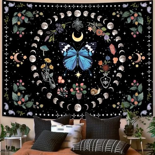 Aipon Tapisserie mit blauem Schmetterling, Mond, Blume, botanischer Boho-Pflanzen-Wandteppich für Schlafzimmer, ästhetischer Hippie-Wandteppich, Wandbehang, Wohnheim (blau, 152.4x111.8 cm) von Aipon