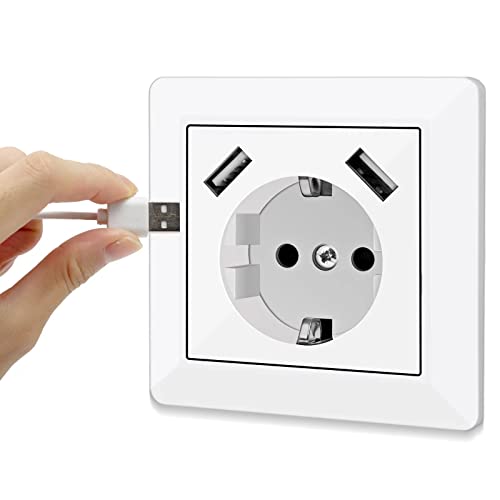 Steckdose mit USB Ports 3.4 Amp Design Schutzkontakt Wandsteckdose einfach USB Steckdose unterputz Ladegerät für Handys etc Sockeltiefe nur 32mm … von Aipsdo