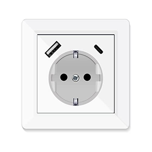 Steckdose mit USB Anschlussund Typ C (Max. 3.4A) USB Steckdose Unterputzdose Schuko USB Steckdose Wandsteckdose Ladegerät für Handys Tablet,mp3 System 55 Reinweiß Sockeltiefe nur 32mm von Aipsdo