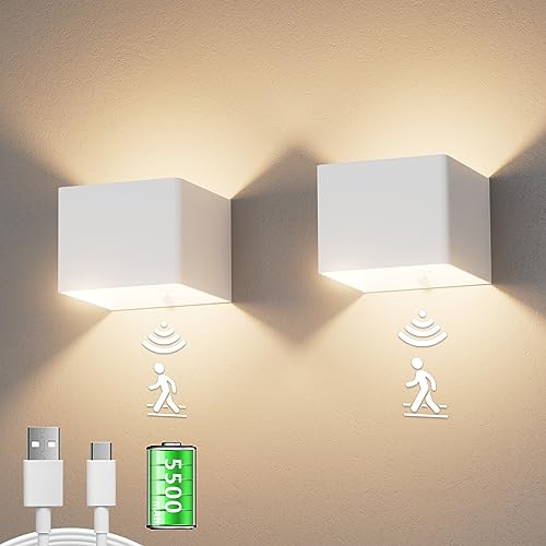 Aipsun 2 Stück 5500mAh akku wandleuchte mit Bewegungsmelder, LED wandleuchte Innen, 3000k, 5W, kabellose LED akku wandleuchte mit Schalter, für Schlafzimmer Wohnzimmer Treppe(weiß) von Aipsun