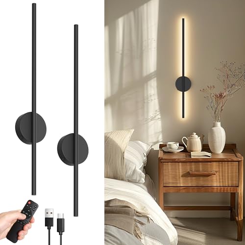 Aipsun 2 Stück Akku Wandleuchte mit Fernbedienung innen, 10000mAh, 6W,80CM, mit Dimm- und Timing-Funktionen, Wandleuchte ohne Stromanschluss, geeignet für Schlafzimmer, Esszimmer (schwarz) von Aipsun