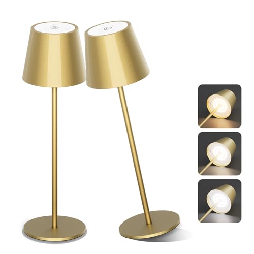 Aipsun 2 Stück dimmbare led akku tischleuchte Mattes Gold, 6000mAh, Tischlampe Kabellos, Warmweiß(2700k-6000k), IP54,Outdoor Tischlampe für Restaurant, Schlafzimmer, Bar von Aipsun