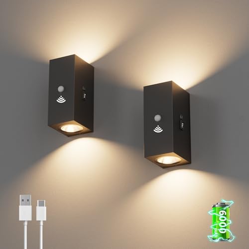 Aipsun 2 Stück LED Akku Wandleuchte mit Bewegungsmelder Schwarz, 6000mAh, 650LM Wandlampe Kabellos mit 3 Modi (Sensor/AUS/EIN), 6W 3000K Warmweiß für Treppe, Flur, Wohnzimmer, Schlafzimmer, Garage von Aipsun