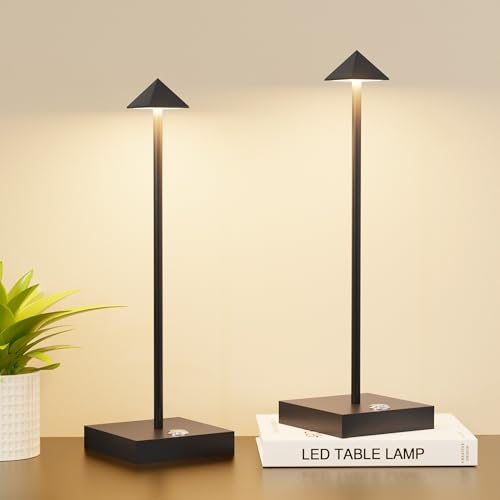 Aipsun 2 Stück LED Dimmbare Akku Tischlampe Kabellose schwarz, Wiederaufladbar Warme Lichtfarbe 2700K/4000K/6000K Tischleuchte mit USB-C, Aluminium, IP54 Wasserdichte für Restaurant/Esszimmer von Aipsun