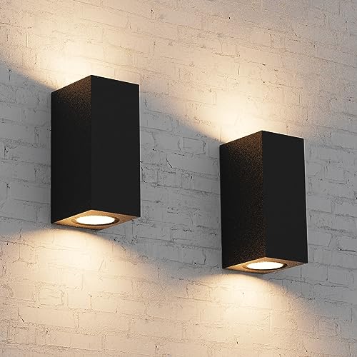 Aipsun 2 PCS Wandleuchte Aussen Innen 𝐒𝐜𝐡𝐰𝐚𝐫𝐳, IP65 Aluminium Eckig Außen Wandlampe Außenlampe, GU10 Obere und untere Wandleuchte, Geeignet für Garten, Balkon(ohne Leuchtmittel) von Aipsun