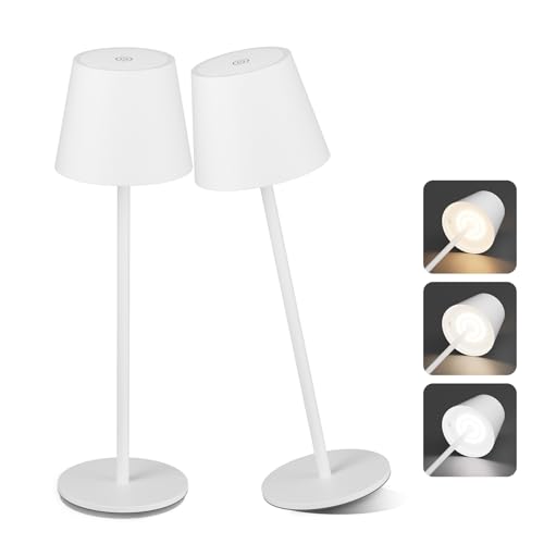 Aipsun 2 Stück Tischlampe Kabellos Weiß, LED akku Tischleuchte, 6000mAh, Dimmbar Touch Akku Tischleuchte, Warmweiß(2700k-6000k), IP54,Outdoor Tischlampe für Restaurant, Schlafzimmer, Bar von Aipsun