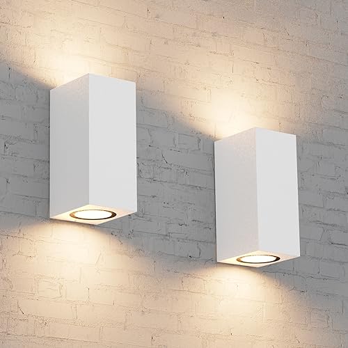 Aipsun 2 PCS Wandleuchte Aussen Innen 𝐖𝐞𝐢ß, IP65 Wasserdichte Aluminium Eckig Außen Wandlampe Außenlampe mit GU10, GU10 Obere und untere Wandleuchte,Geeignet für Garten, Balkon(ohne Leuchtmittel) von Aipsun