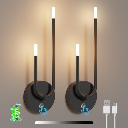 Aipsun 2PCS akku Wandleuchte Dimmbar LED Wandleuchte Kabellos Innen Wand Lampe Magnet mit Touch 5500mAh,4W 3000k,18-60 Stunden lange Lebensdauer für Esszimmer/Schlafzimmer/Wohnzimmer/Flur(Schwarz) von Aipsun