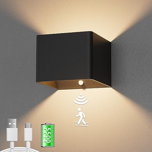 Aipsun 5500mAh akku wandleuchte mit Bewegungsmelder, LED wandleuchte Innen,3000k,5W, kabellose LED akku wandleuchte mit Schalter, für Schlafzimmer Wohnzimmer Treppe (Schwarz) von Aipsun