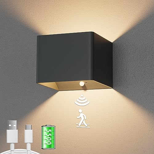 Aipsun 5500mAh akku wandleuchte mit Bewegungsmelder Anthrazit, LED wandleuchte Innen, 3000k, 5W, kabellose LED akku wandleuchte mit Schalter, für Schlafzimmer Wohnzimmer Treppe von Aipsun