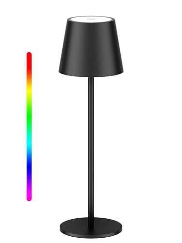 Aipsun Dimmbare LED Akku Tischlampe Schwarz, 5000mAh, led tischleuchte kabellos, Touch Dimmbar 8 Farben warme 3000K+ RGB tischlampe, Aluminium, USB-C, IP54, für den Innen und Außenbereich von Aipsun