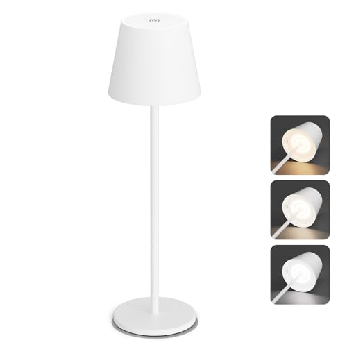Aipsun Dimmbare LED akku Tischleuchte Weiß mit 5500mAh, Wiederaufladbar Warmweiß(2700k-6000k) Aluminium Outdoor Tischlampe IP54 wasserdicht für Restaurant, Schlafzimmer, Bar von Aipsun