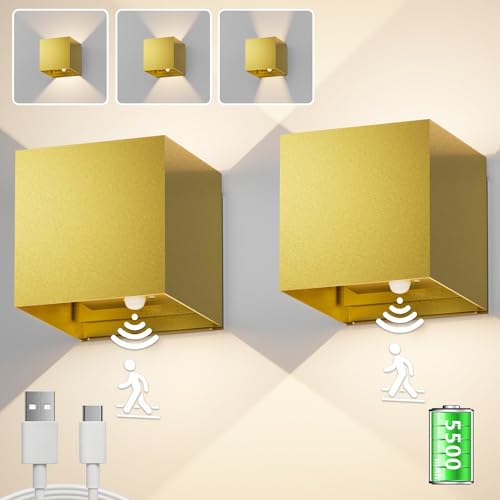 Aipsun Kabellos akku wandleuchte mit bewegungsmelder Gold, 5500mAh Wandlicht Up and Down Innen LED Wandleuchte, 2700K warmweiß, für Treppen, Foyer, Flure(2 Stück) von Aipsun