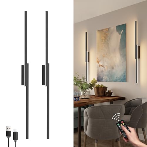 Aipsun Kabellose LED Akku Wandleuchte mit fernbedienung, 10000mAh USB-C Wiederaufladbare Wandlampe Schwarz 80CM, 6W Moderne Schlafzimmer Wohnzimmer Wandleuchte, Drei Farbtemperaturen (2 Stück) von Aipsun