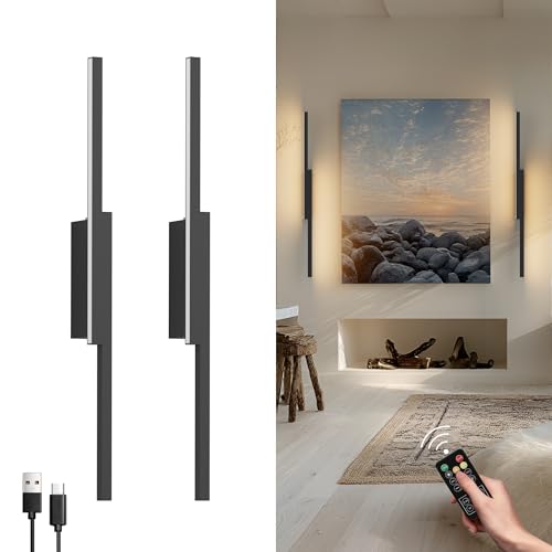 Aipsun Kabellose LED Akku Wandleuchte mit fernbedienung, 6000mAh USB-C Wiederaufladbare Wandlampe Schwarz 60CM, 5W Moderne Schlafzimmer Wohnzimmer Wandleuchte, Drei Farbtemperaturen (2 Stück) von Aipsun