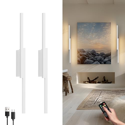 Aipsun Kabellose LED Akku Wandleuchte mit fernbedienung, 6000mAh USB-C Wiederaufladbare Wandlampe Weiß 60CM, 5W Moderne Schlafzimmer Wohnzimmer Wandleuchte, Drei Farbtemperaturen (2 Stück) von Aipsun