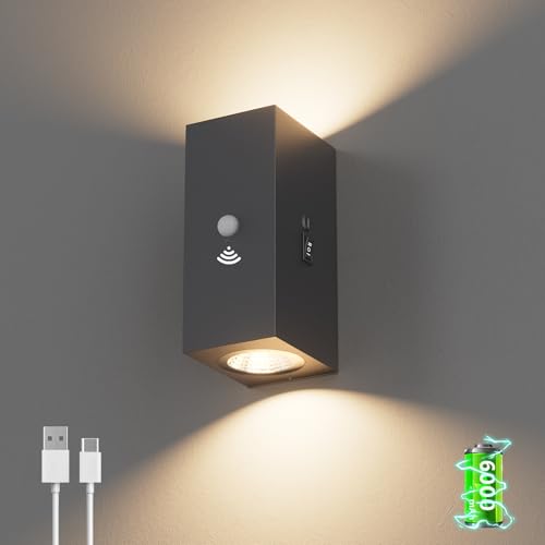 Aipsun LED Akku Wandleuchte mit Bewegungsmelder Anthrazit, 6000mAh, 650LM Wandlampe Kabellos mit 3 Modi (Sensor/AUS/EIN), 6W 3000K Warmweiß LED für Treppe, Flur, Wohnzimmer, Schlafzimmer, Garage von Aipsun