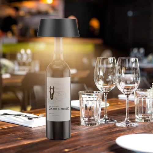 Aipsun Dimmbare LED Akku Flaschenlampe schwarz 3000k Warmes, IP54 Kabellose Flaschenlampe für Innen und Außen, 5000mAh Tragbare Metall für Familie, Restaurant & Bar von Aipsun