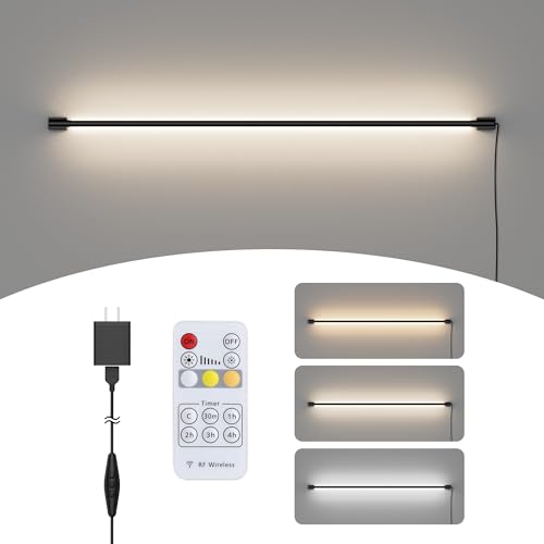 Aipsun Wandleuchte LED Innen mit Stecker und Schalter, 18W 1200LM,Plug in LED wandleuchte mit fernbedienung, Dimmer(3000K-6000K),120CM lang Timer-Fernbedienung für Wohnzimmer, Schlafzimmer, Schwarz von Aipsun