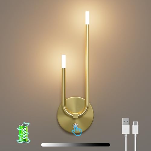 Aipsun LED Akku Wandleuchte Gold, kabellose Wandlampe mit Akku, 𝟓𝟓𝟎𝟎𝐦𝐀𝐡, Touch 3000K, Magnetisch Wandleuchten modern für Schlafzimmer Wohnzimmer, Flur, Treppenhaus von Aipsun