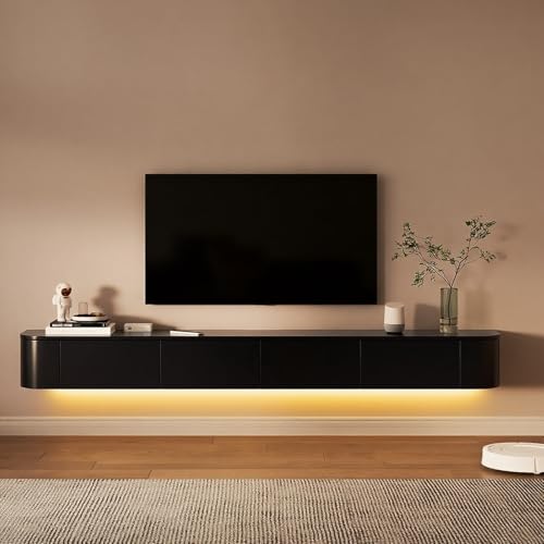 Aipunlus TV-Lowboard Hängender mit LED-Beleuchtung, Modernes Wandmontiertes Fernsehboard, TV-Schrank mit Stauraum, Medienkonsole Hochglanz mit Kabelmanagement für Wohnzimmer (Schwarz+LED, 200cm) von Aipunlus